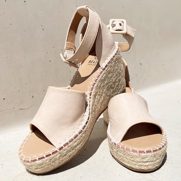 NEW Sand Nude Faux Leather Ankle Buckle Strap Espadrille Platform Wedge Sandals - Picture 2 of 13